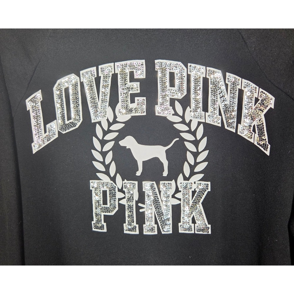 Victoria's Secret PINK Y2K LOVE PINK Sequined Dog Bling Zip Hoodie Black XS Rare - Picture 3 of 10